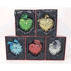 Valerie Parr Hill 5 Glittery Embossed Puffy Heart Shaped Ornaments in Boxes U268